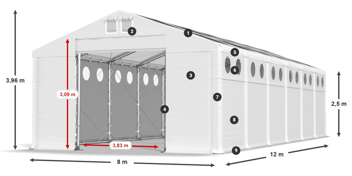 Dach: MS T 580 PVC Wände: FR O 620 PVC 2,5 m Legende