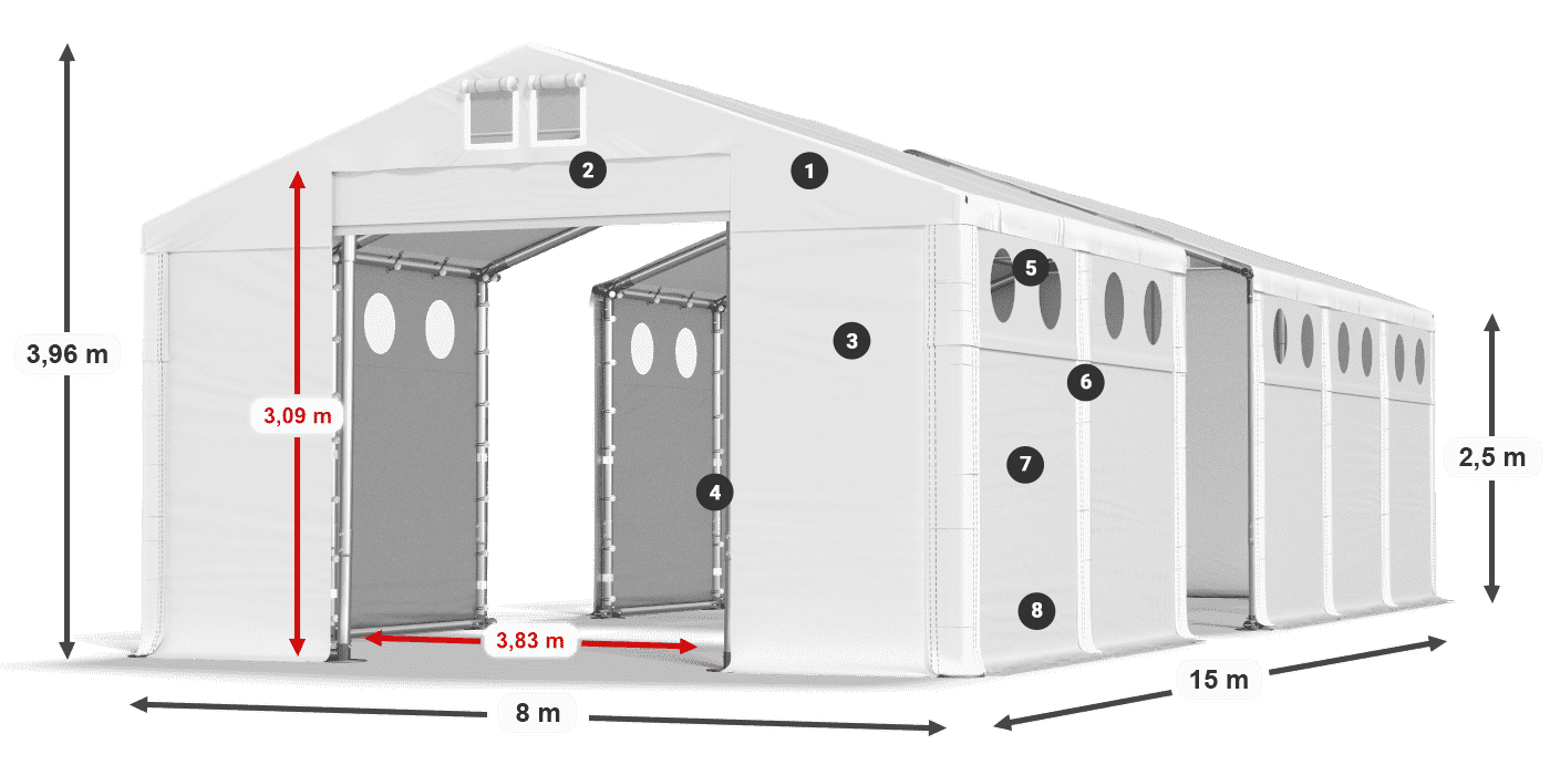 Dach: MS 580 PVC Wände: FR O 620 PVC 2,5 m Legende