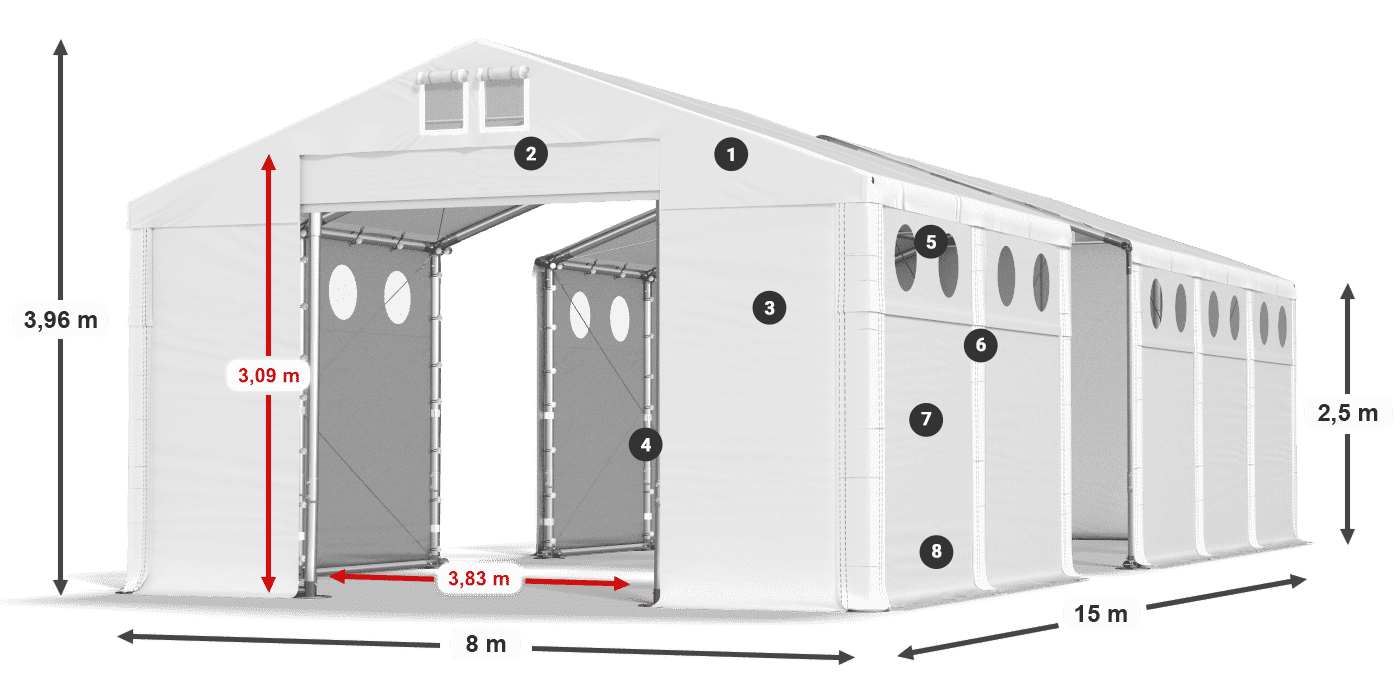 Dach: MS 580 PVC Wände: FR O 620 PVC 2,5 m Legende