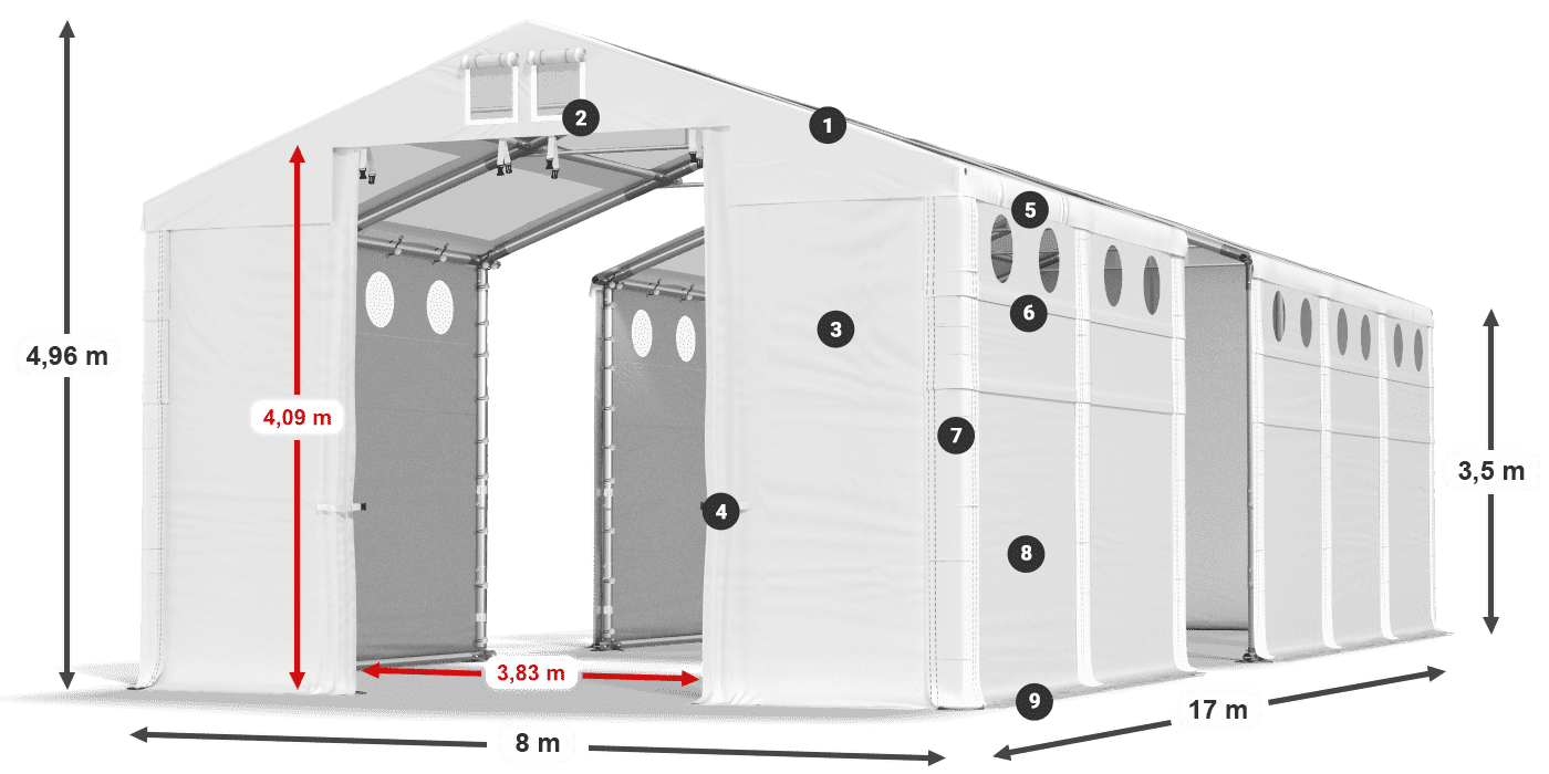 Dach: MS T 580 PVC Wände: FR O 620 PVC 3,5 m Legende