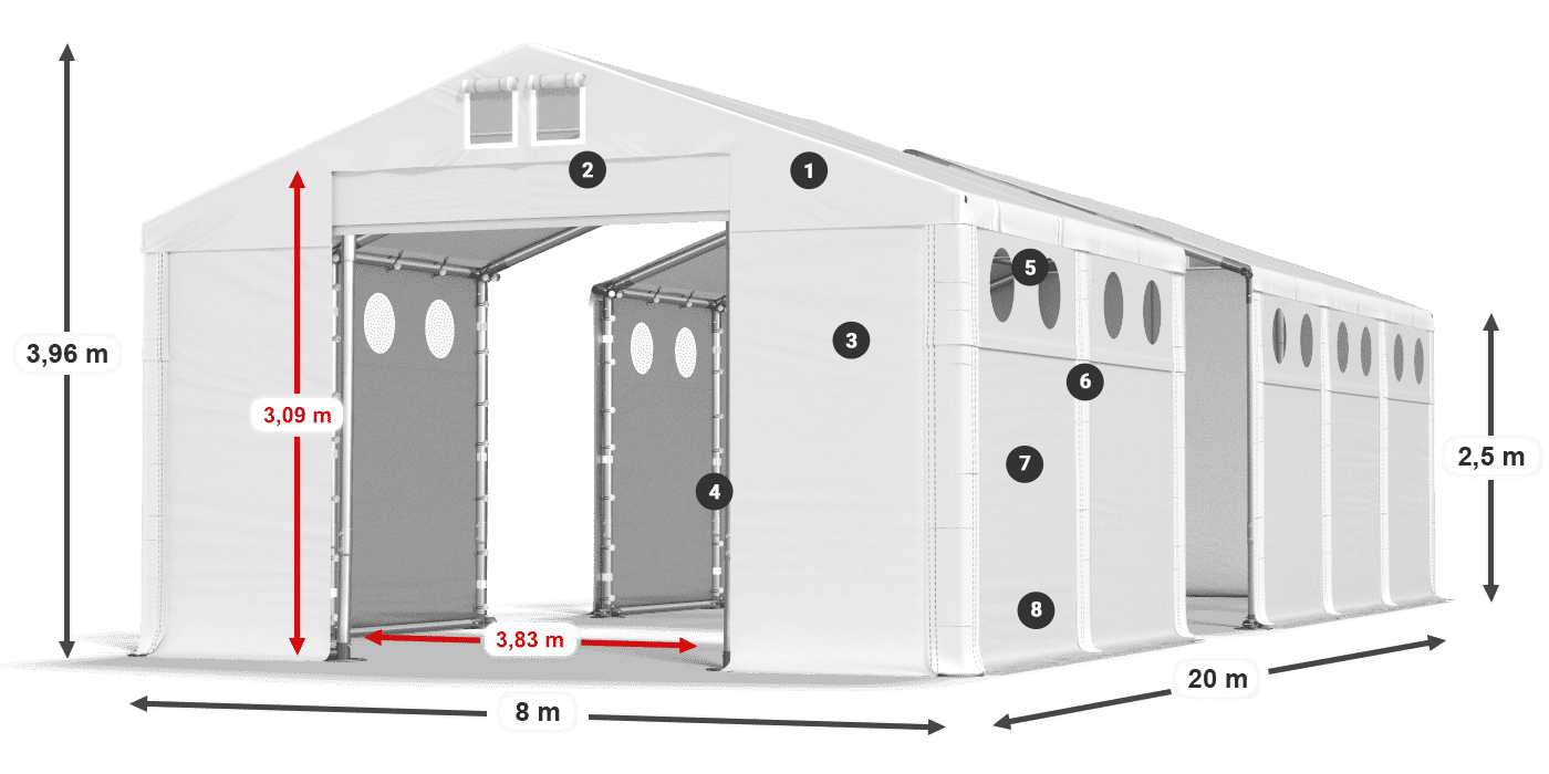 Dach: MS 580 PVC Wände: FR O 620 PVC 2,5 m Legende