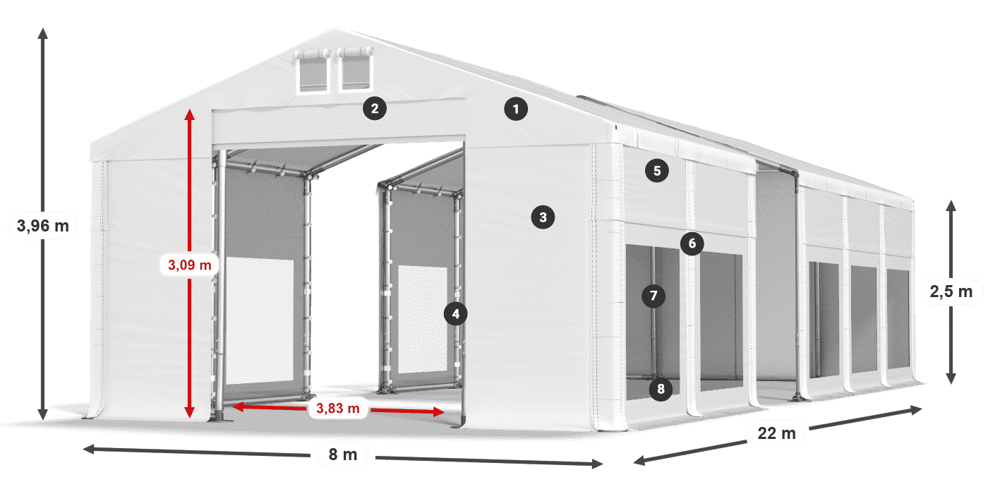 Dach: FR 620 PVC Wände: MS 580 PVC 2,5 m Legende