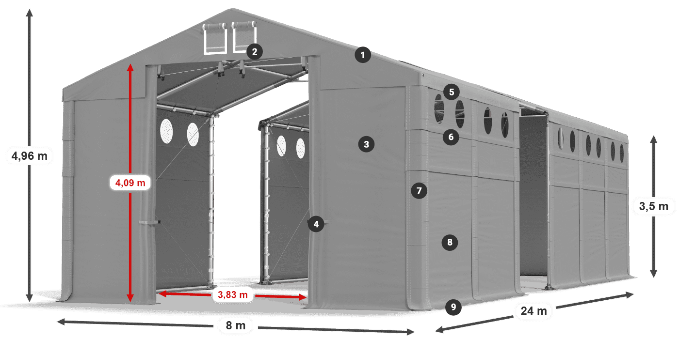 Dach: MS 580 PVC Wände: FR O 620 PVC 3,5 m Legende