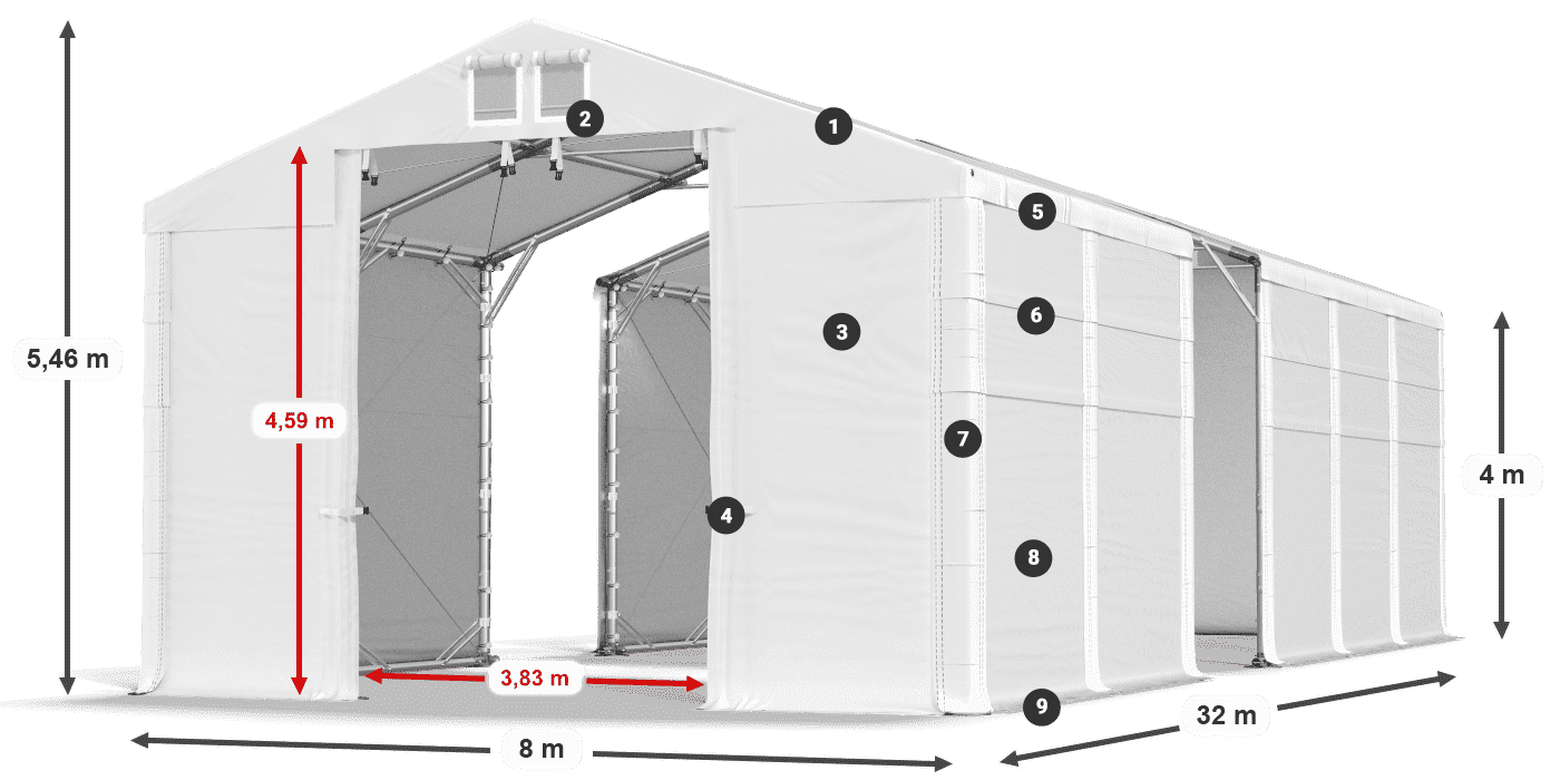 Dach: MS 580 PVC Wände: FR 620 PVC 4m Legende