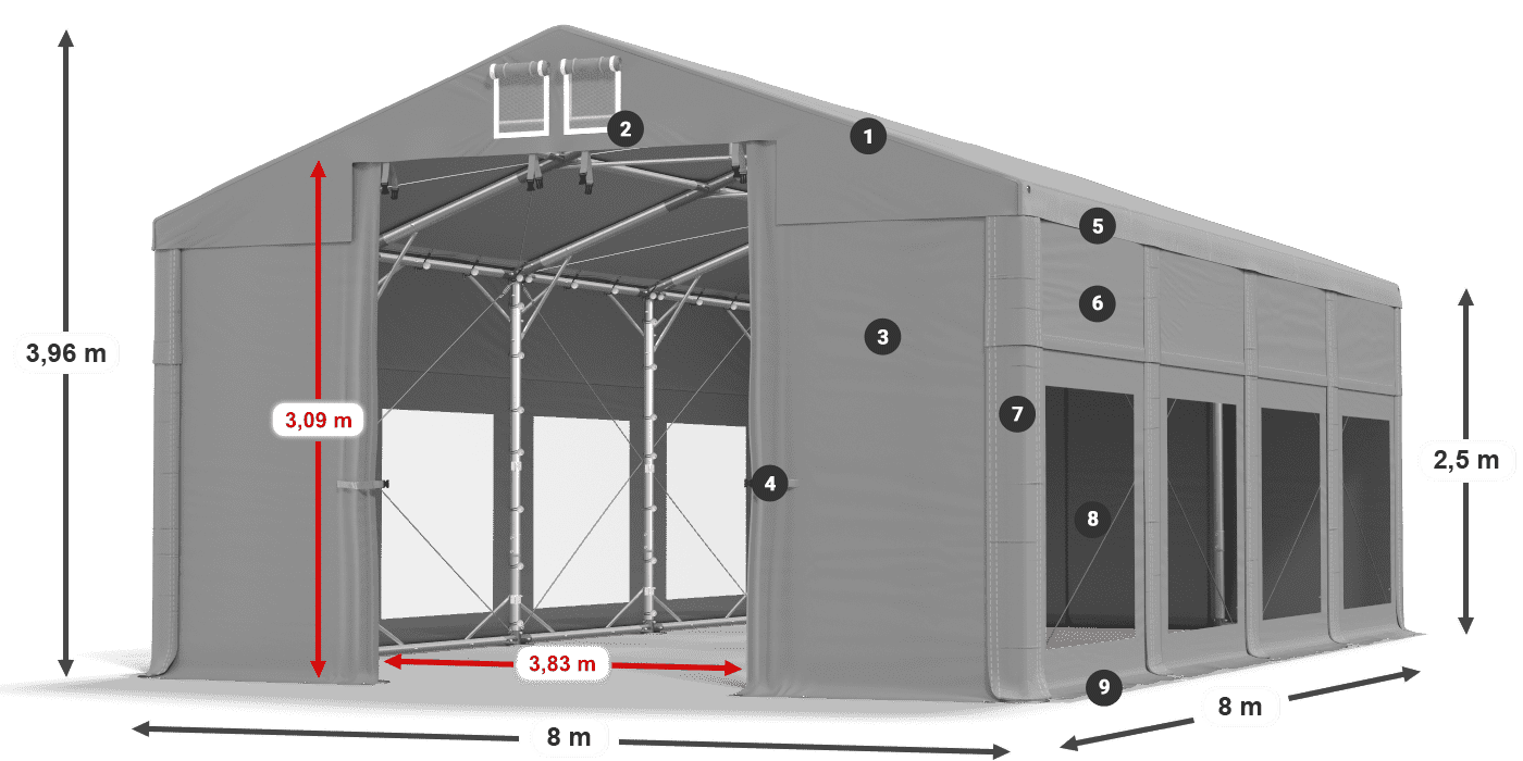 Dach: MS 580 PVC Wände: MS 580 PVC 2,5 m Legende