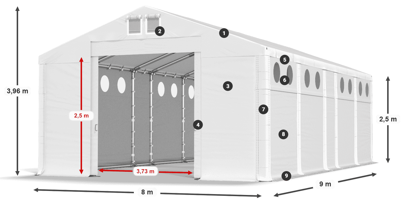 Dach: MS 580 PVC Wände: FR O 620 PVC 2,5 m Legende